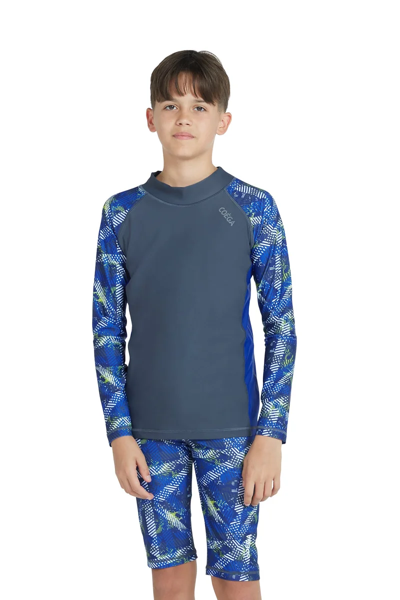 COEGA  Boys Youth Rashguard Long Sleeve - Grey Blue Stripes